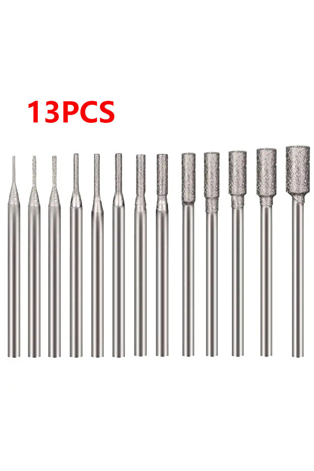 13PCS 13 Pcs Diamond Burr - 3/32'' Shank Diamond Burs Stone Carving Bits for Dremel Rotary Tools(Cyl