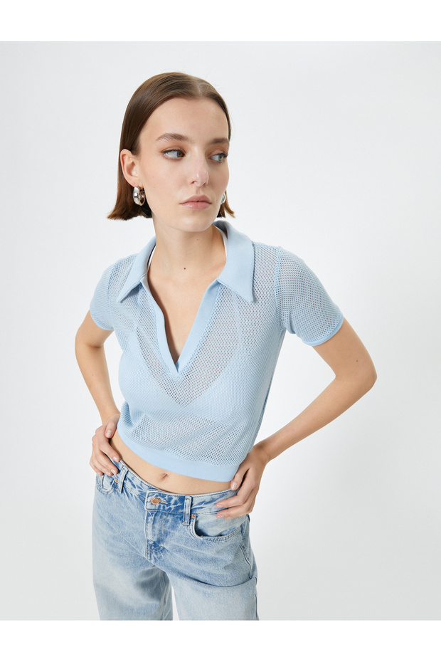 Crop Mesh T-Shirt Polo Neck Short Sleeve