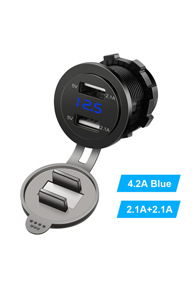 شاحن ولاعة سجائر أزرق بمنفذي USB 12 فولت - 24 فولت 4.2 أمبير شاحن ولاعة سجائر مزدوج بمنفذي USB للدراجات النارية والسيارة