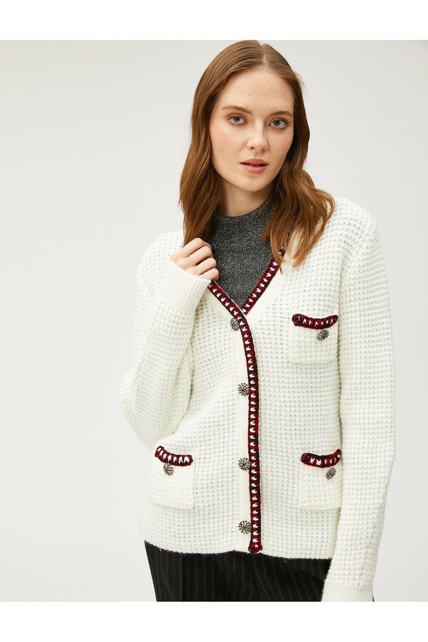 X Selected by Melis Ağazat - Button Detailed V-Neck Knitted Cardigan with Pockets