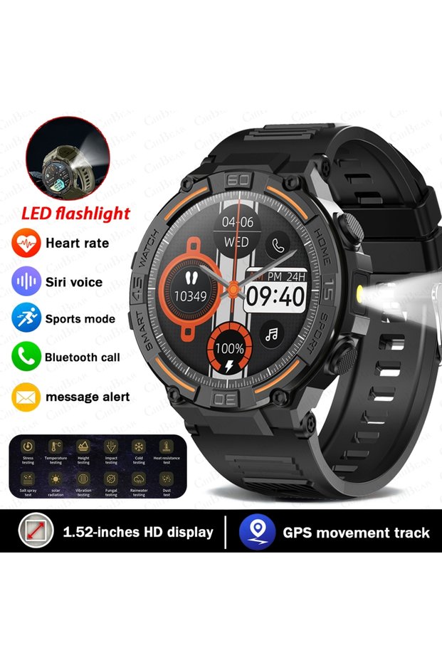 Black silicone belt Smartwatch Men 360*360 HD Screen Flashlight Health Monitoring Waterproof Heart