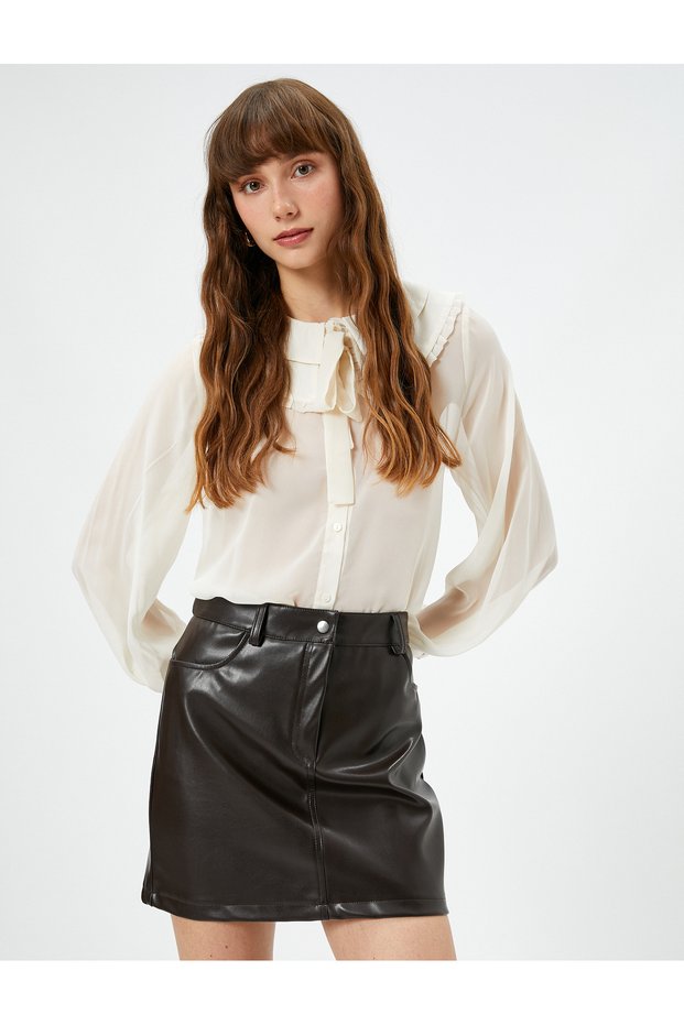 Chiffon Peter Pan Collar Shirt Ribbon Detailed Ruffle Long Sleeve