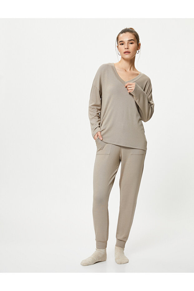 Long Sleeve Pajama Top V Neck Off Shoulder Viscose Blend