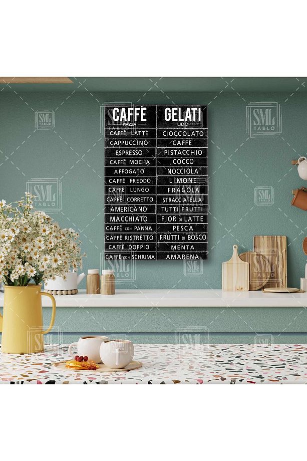 Cafe Pizza Gelati Kahve Köşesi Tabelası Menü Ürün Listesi Dikey Kanvas Tablo - 1
