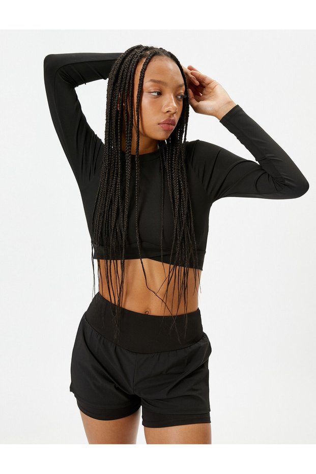 Long Sleeve Crop Sports T-Shirt Slim Fit Asymmetrical Cut Crew Neck