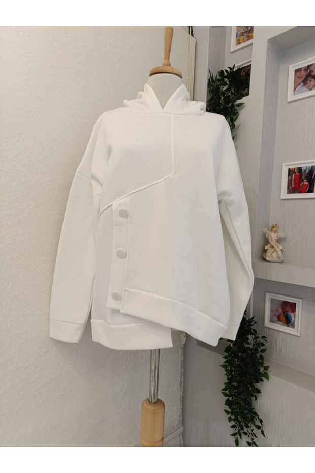 Women's 3-String Button Detailed Hooded Sweat