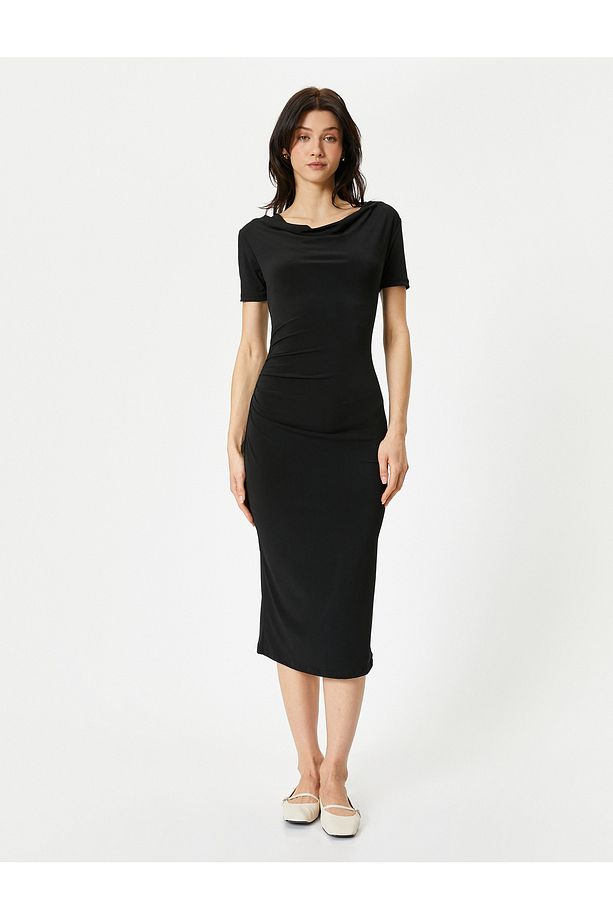 Midi Elbise Drape Yaka Kısa Kollu Standart Kesim - 3