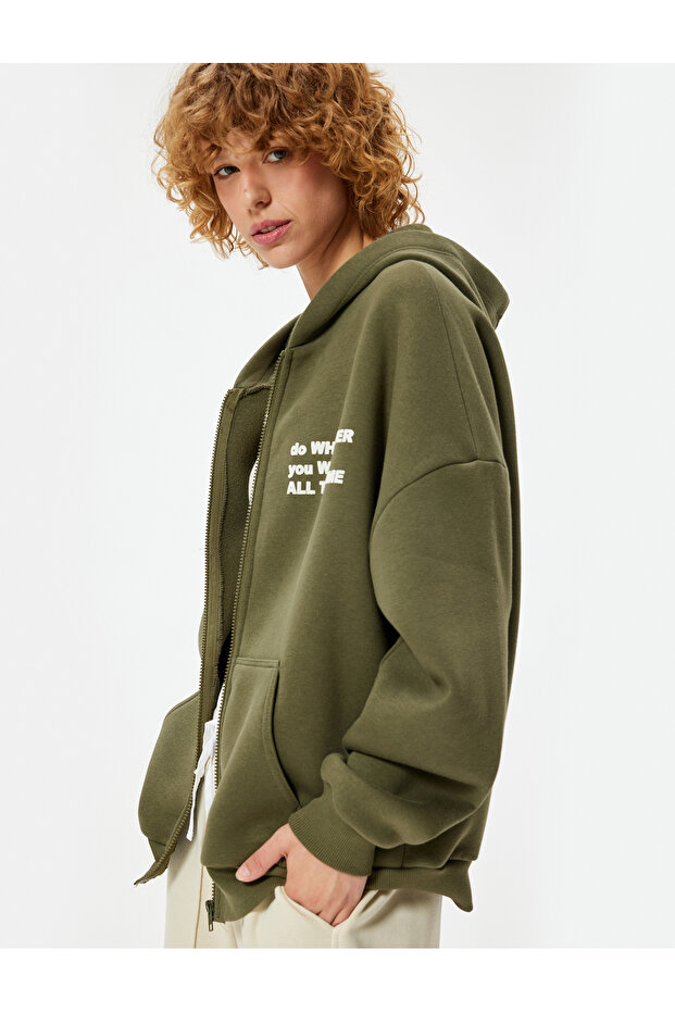 Oversize Hooded Raised Zippered Printed Sweatshirt