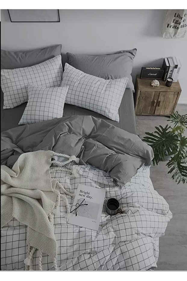 Double Gray + White Checkered 180X200 +30 cm Elastic Sheet Duvet Cover Set, 200X235 Duvet Cover