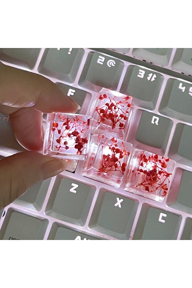 Red 4Pcs High Quality Epoxy DIY Translucent Leaves Dry Flowers Paper Cross Axis Mechanical Keyboard