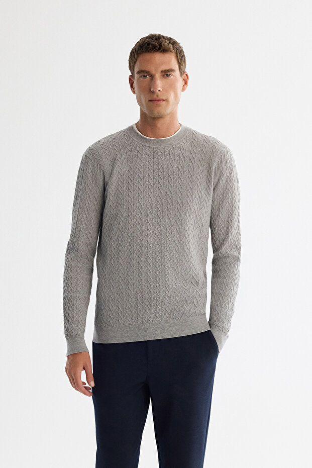Erkek Gri Bisiklet Yaka Jakarlı Soft Touch Triko Regular Fit Kazak A42Y5145 - 1