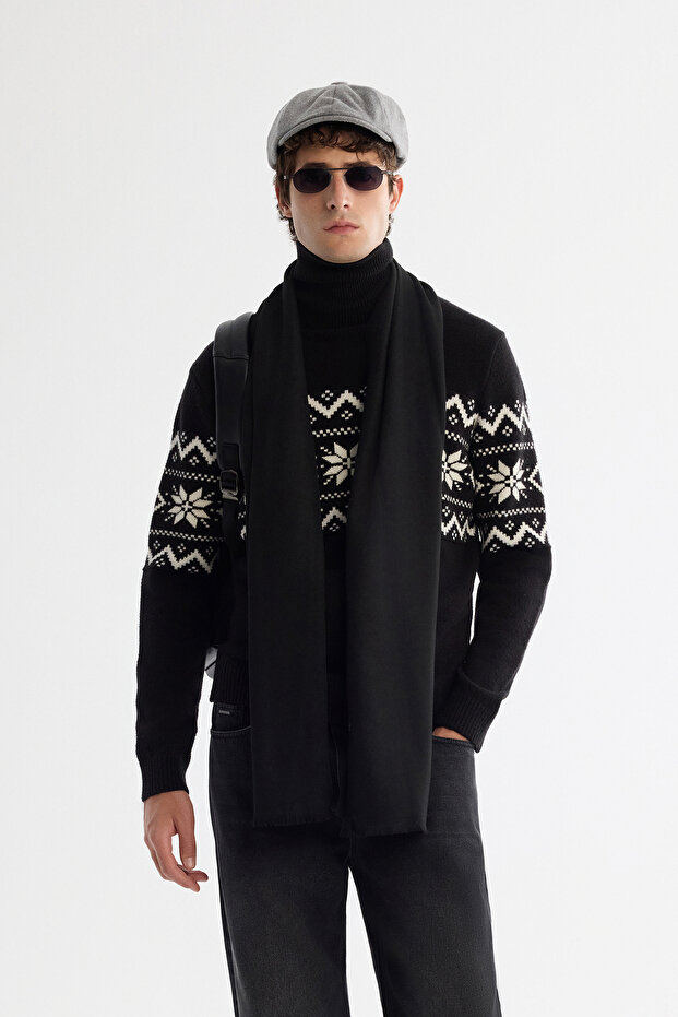 Erkek Siyah Tam Balıkçı Yaka Kar Desenli Soft Touch Triko Regular Fit Kazak A42Y5147 - 1