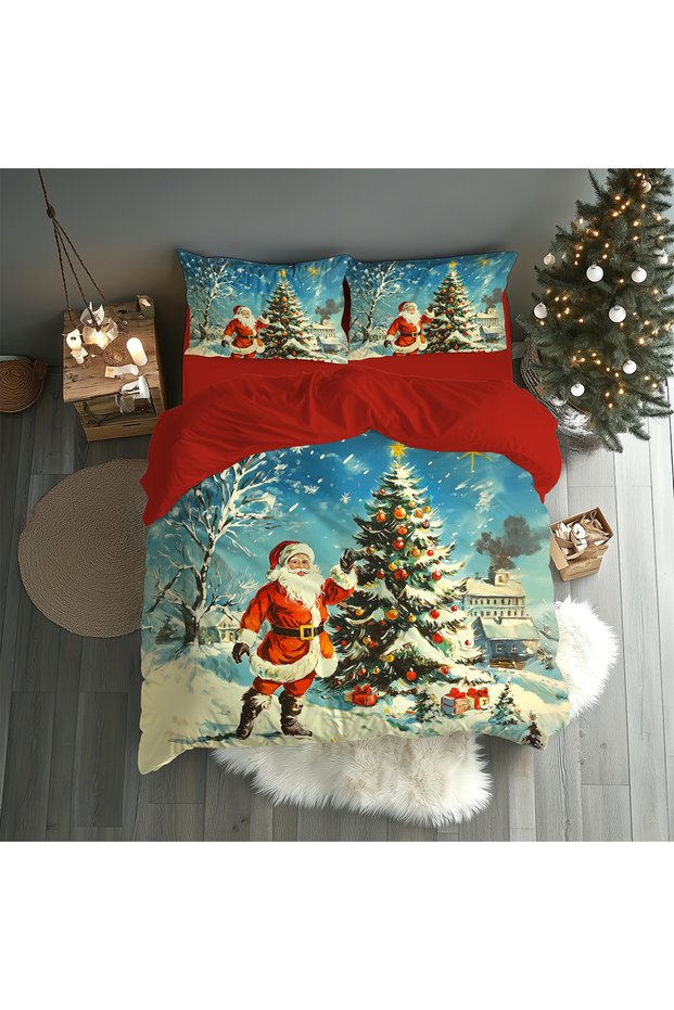 Vita Desing Merry Christmas Santa Claus Patterned Double Duvet Cover Set