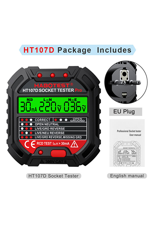 HABOTEST HT107 Socket Tester Pro Voltage Test RCD 5/30mA Socket Detector Ground Zero Line Plug Po... - 1