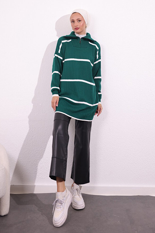 Women's Striped Zipper Collar Ribbed Knitwear Tunic Sweater