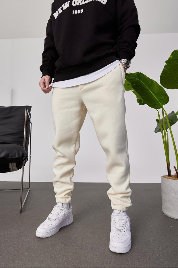 Men's Sweatpants Crem Color Oversize Elastic Ribbed Loose Fit 3 Thread Ribbed