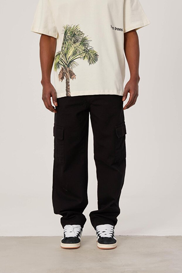 Men's Trousers Df Black Baggy Cargo Pockets Loose Fit Gabardine