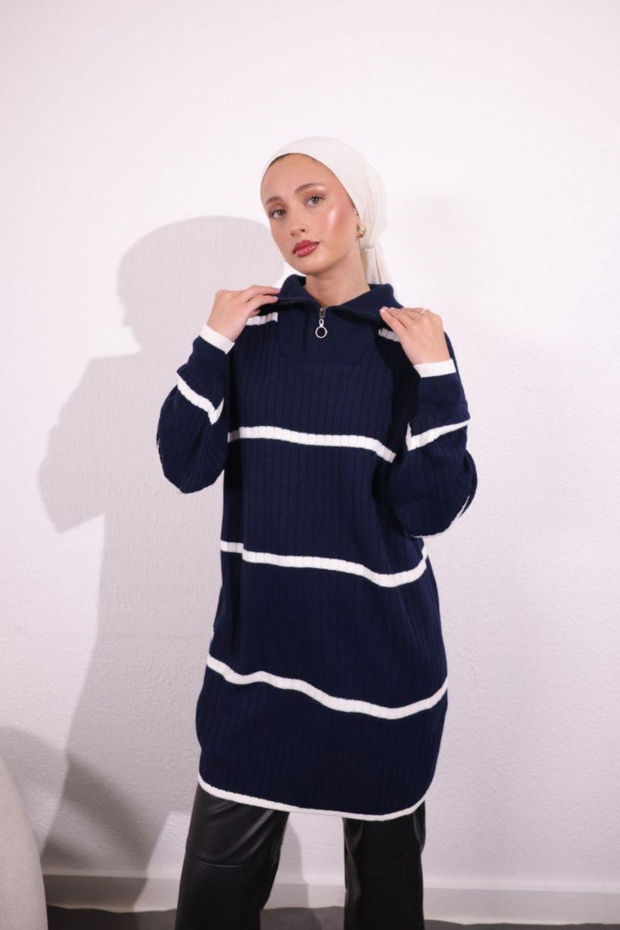 Women's Striped Zipper Collar Ribbed Knitwear Tunic Sweater
