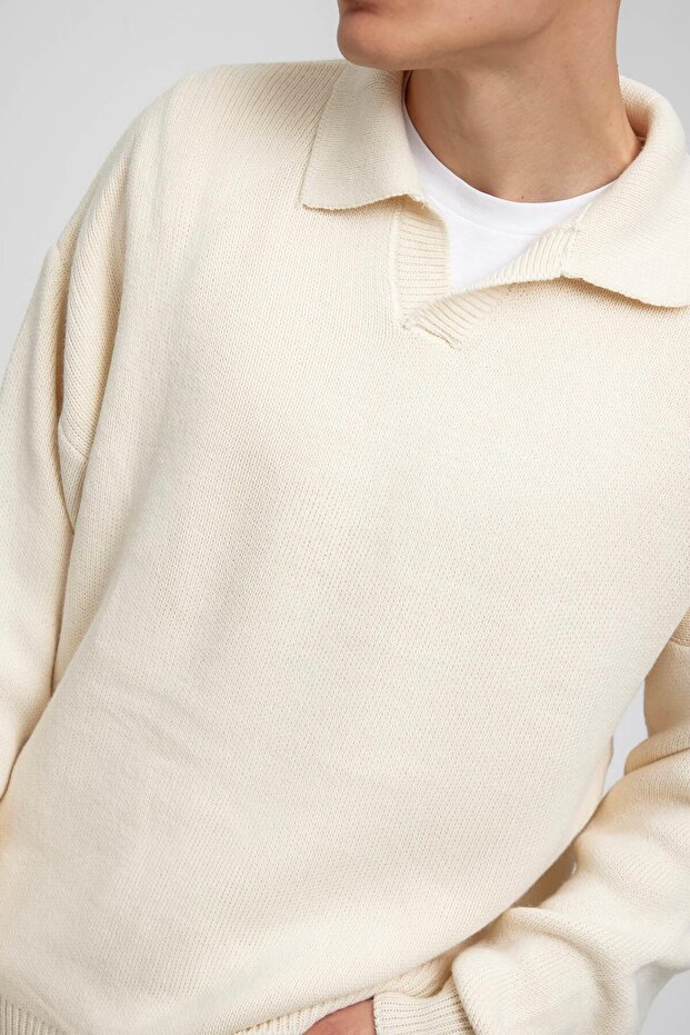 Krem Yakalı Basic Triko - 3