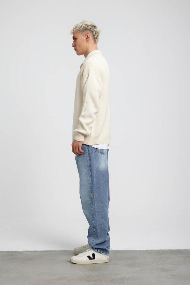 Krem Yakalı Basic Triko - 4