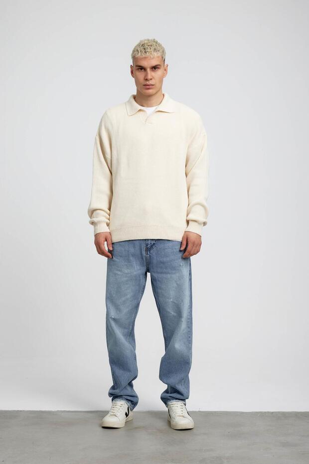 Krem Yakalı Basic Triko - 1