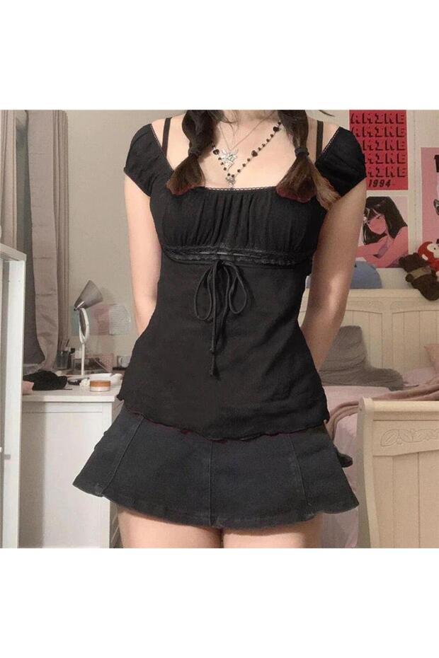 Plain Black Boat Neck Women's Short Sleeve Blouse