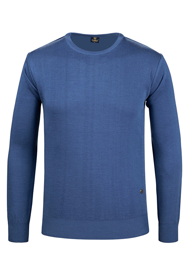 Men's Crew Neck Knitwear Blue Sweater Patterned Steel Knit Classic Fit - 4241C