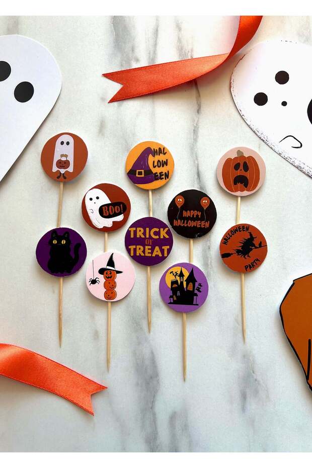 Set of 10 Little Halloween Themed Toothpick Cupcake Muffin Topper
