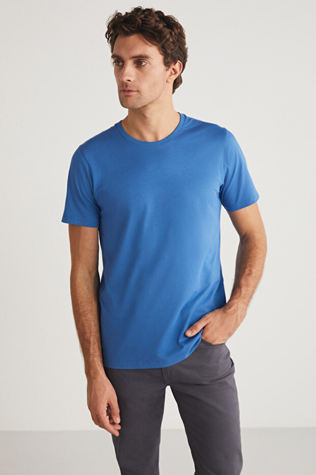 Mıchel Men's Slim Fit Slim Fit 100% Organic Cotton Side Seam Basic Knitted Blue T-Shirt