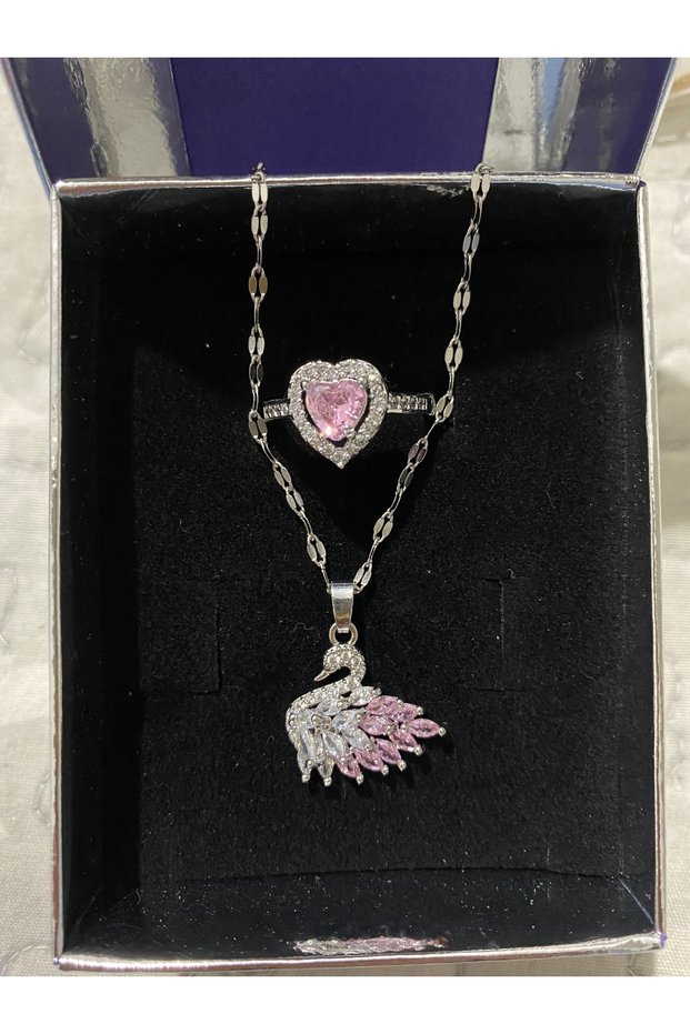 Zircon Stone Swan Necklace and Heart Detailed Ring Set (Silver Pink Stone Swan Necklace Heart Ring)