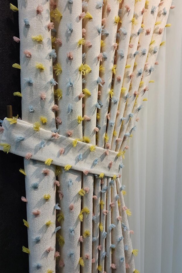 Pastel Tassel Background Curtain Cream Color - Modern and Cheerful Design