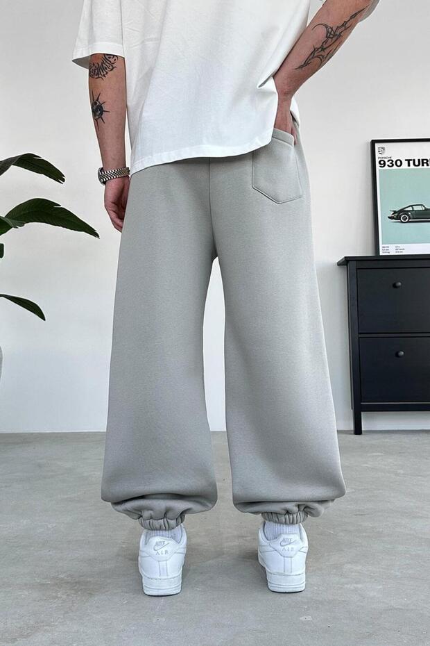 Gri Cozy Basic Paça Lastik Oversize Eşofman - 3