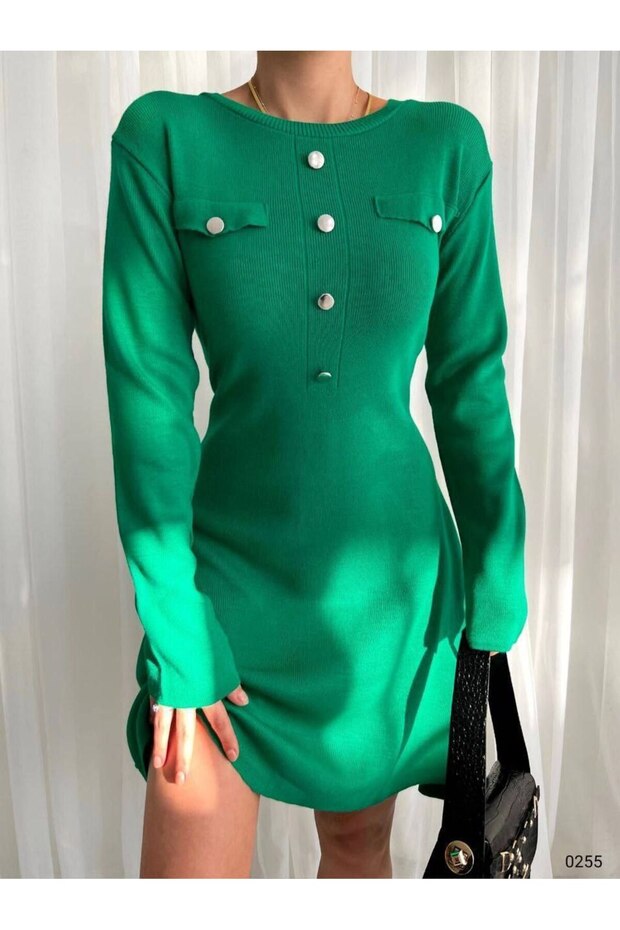 Women's Long Sleeve Round Neck Button Detail Knitwear Dress Green