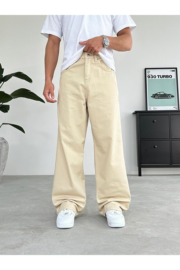 Bej Basic Ekstra Bol Baggy Pantolon - 1