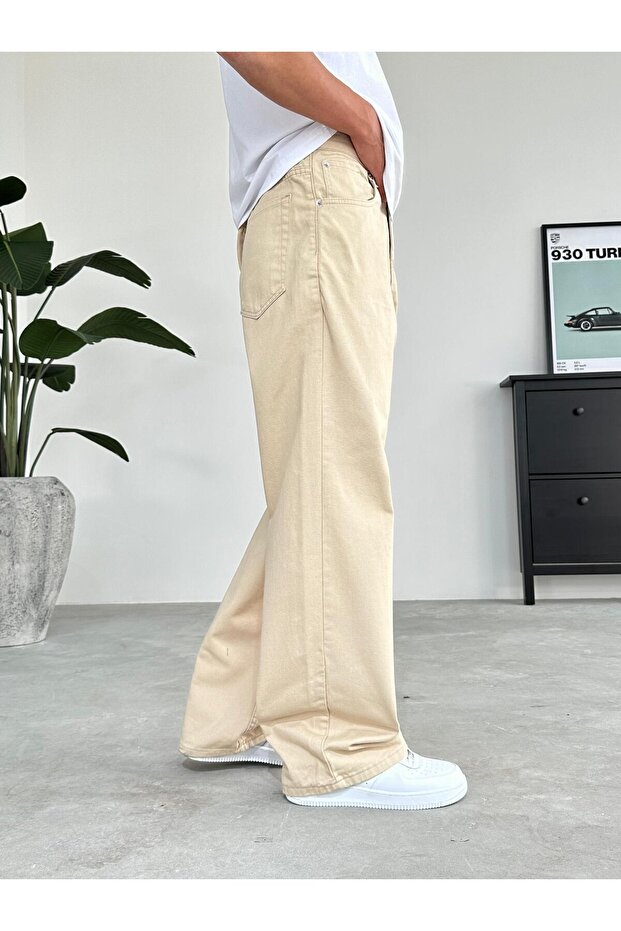 Bej Basic Ekstra Bol Baggy Pantolon - 2