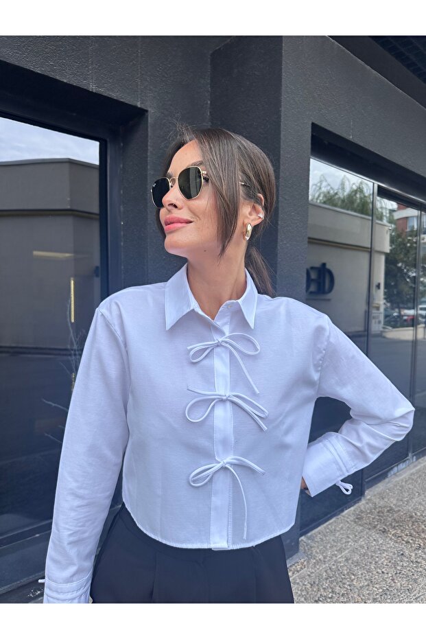 Kadın crop beyaz gömlek - 1