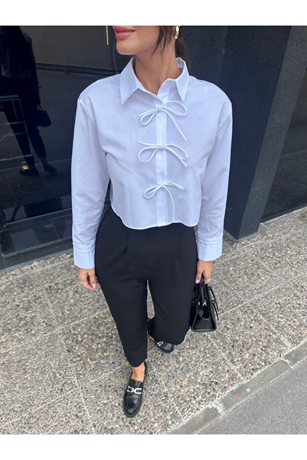 Kadın crop beyaz gömlek - 5