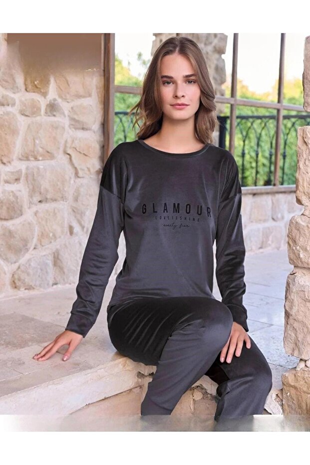 Kadın Kışlık Bisiklet Yaka Likralı Soft Kadife Pijama Takımı 4200/12 - 1 Adet - 1
