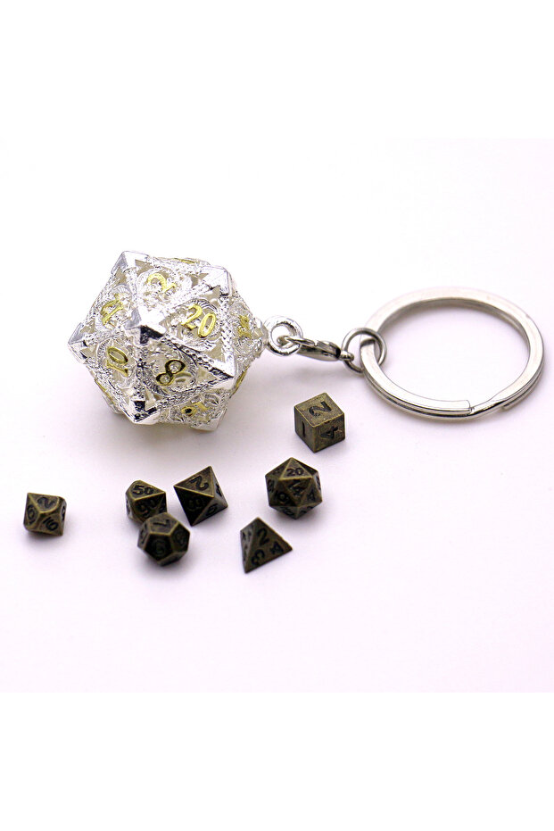 White D20 Metal Hollow Box&7pcs Metal Dice Set, Portable Board Game Dice Mini Kit, Gamer Accessories