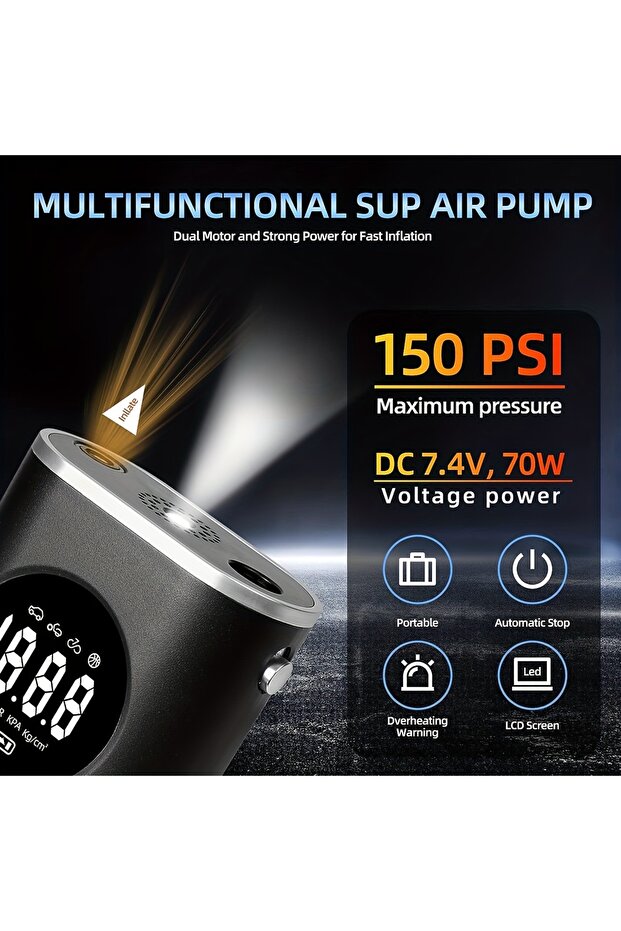 USB Rechargeable Portable Air Compressor, 150PSI Cordless Tire Inflator Pump with LED Light, Elec... - 2