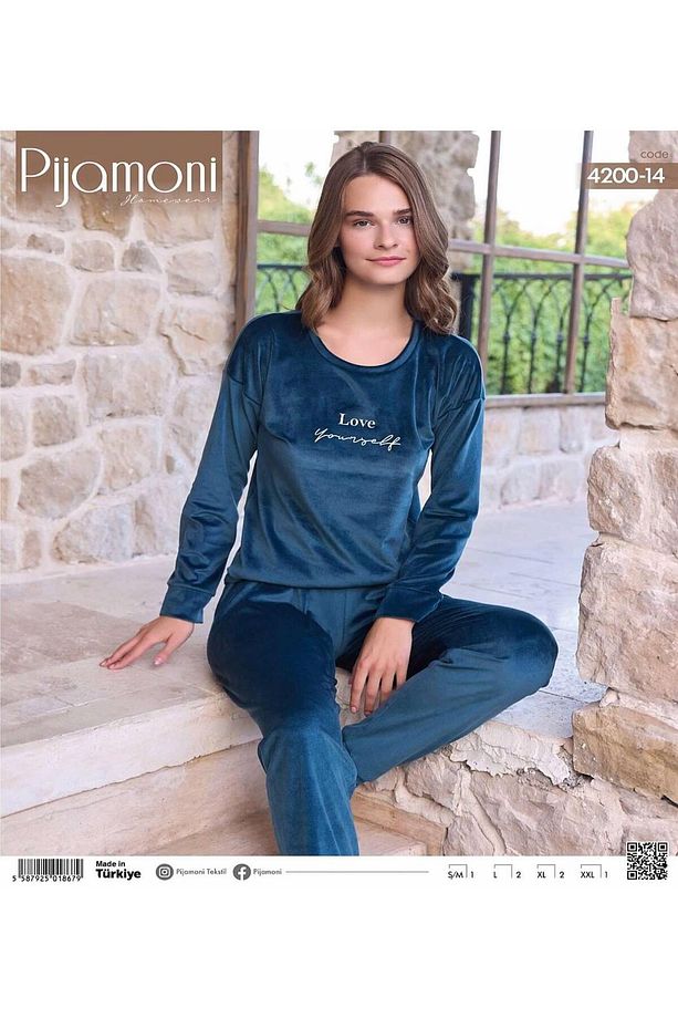 Kadın Kışlık Bisiklet Yaka Likralı Soft Kadife Pijama Takımı 4200/14 - 1 Adet - 2
