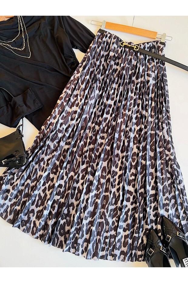 LN Leopar Desenli Piliseli Etek - Gri - 3