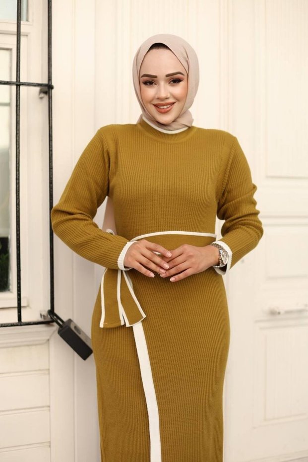 Part Binding Detailed Corded Fabric Knit Dress Valent Tie-Detail Knitwear Hijab Dress (Dress Length 140 cm)