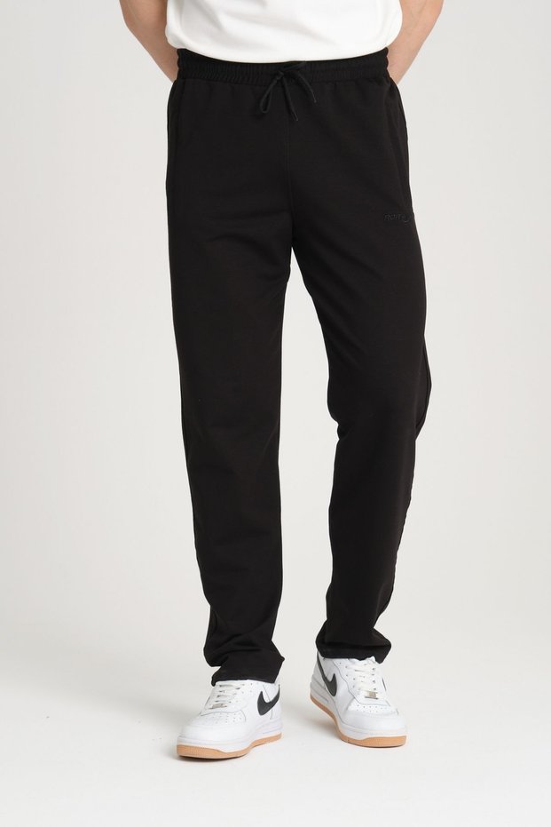 Men's Black Regular Fit Drawstring Waist Pocketed Straight Leg Combed Cotton Fabric Sweatpants