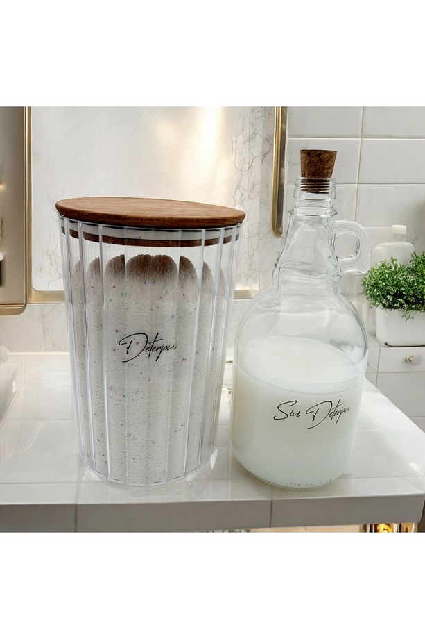 Ahşap Kapaklı Çizgili Deterjan Kavanozu 2300ML-Sıvı Deterjan Şişesi 1000ML(Şeffaf Etiket) - 1