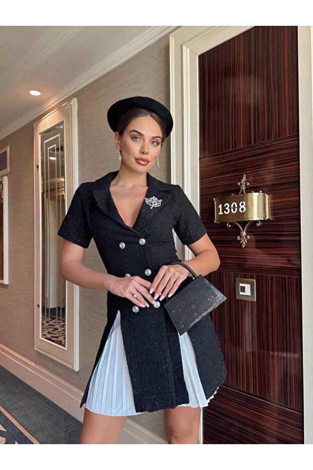 Women's Black Imported Tweed Sand Brooch Detail Pleated Lined Special Design Jacket Dress