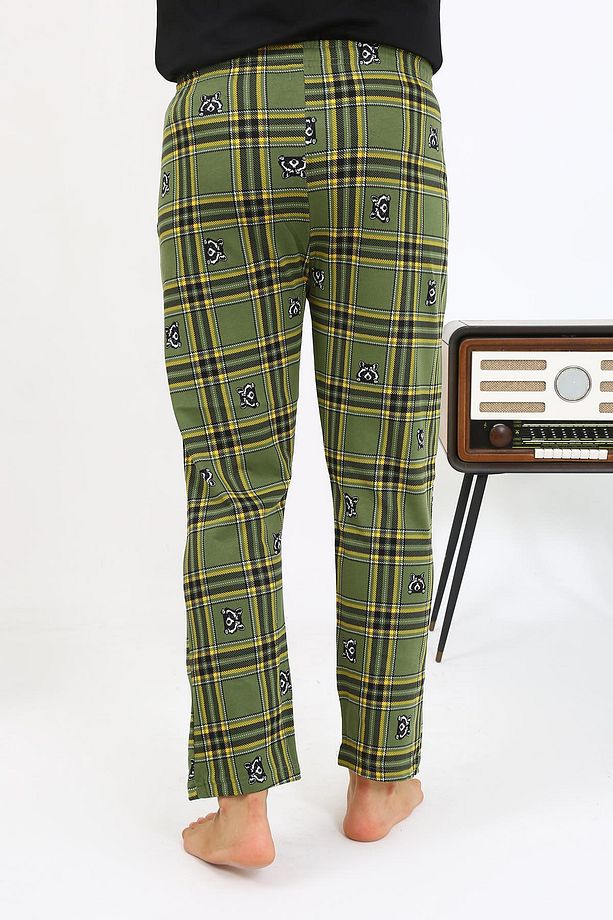 Erkek Ekoseli Desen Penye Tek Alt Pijama 27540 Haki - 6