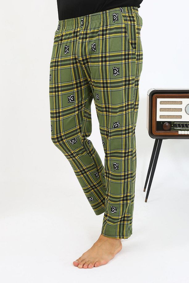 Erkek Ekoseli Desen Penye Tek Alt Pijama 27540 Haki - 1