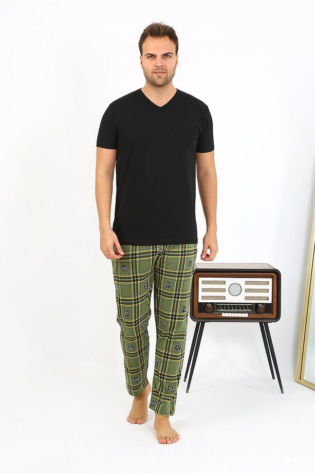Erkek Ekoseli Desen Penye Tek Alt Pijama 27540 Haki - 2