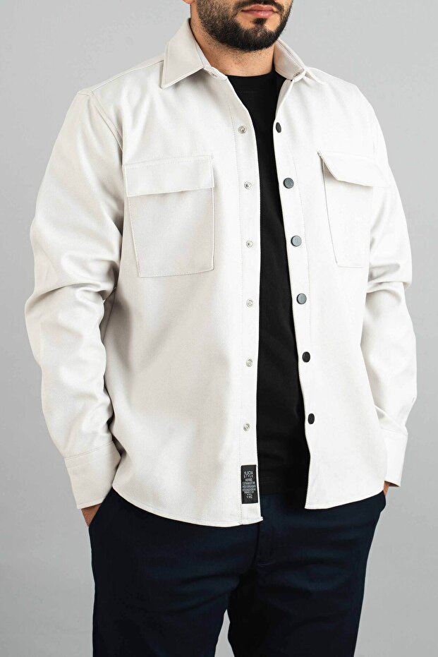 Men's Shirt Melted Seasonal Casual Scuba Coating Inside Sport Cut Coat Snap Fastener Jacket Stone